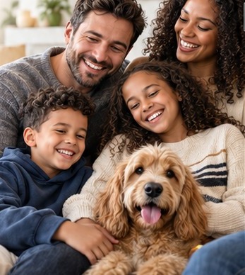AI-generated image of a family of four relaxing on a sofa with their dog, Coco